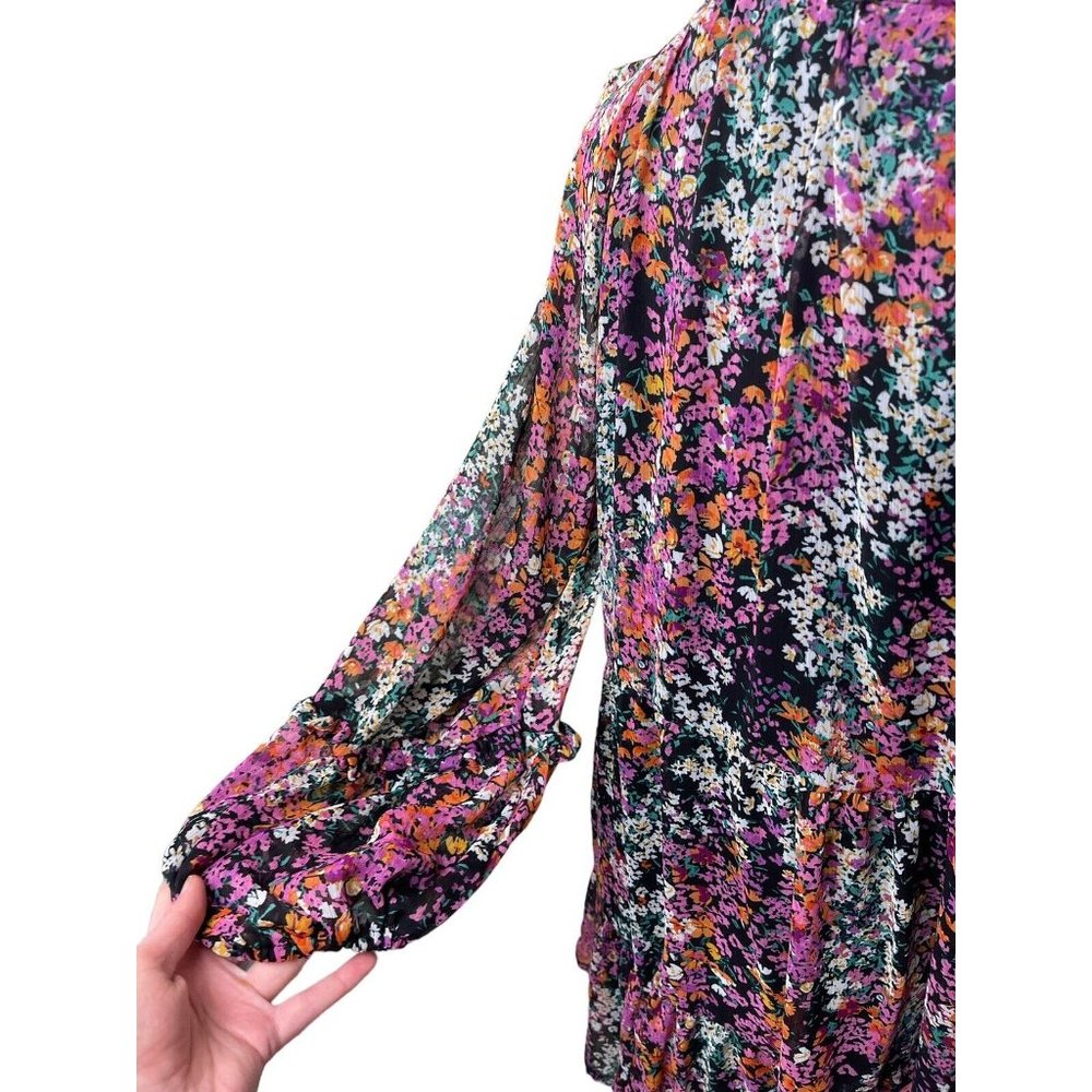 Vince Camuto Boho Black Pink Floral Lined Babydoll Chiffon Dress Size Medium - Picture 3 of 8